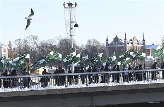 Pívrenci Nordického hnutí odporu pi nedávné demonstraci v centru Stockholmu....