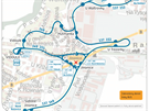 Sch�ma veden� autobusov�ch linek v okol� stanice metra Jinonice v dob� jej�ho...
