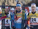 Ti nejlepí mui z druhé etapy Tour de Ski (zleva): druhý Nor Johnsrud Sundby,...