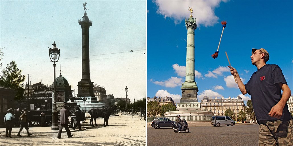 Pa�í�ské nám�stí Bastily kolem roku 1900 a v sou�asnosti