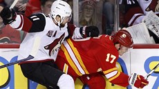 Martin Hanzal (vlevo)) z Arizony v souboji s  Lancem Boumou z Calgary.