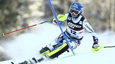 Rakouská lyaka Bernadette Schildová na trati slalomu v Záhebu.