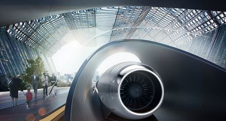 Vizualizace dopravní kapsle dráhy hyperloop.