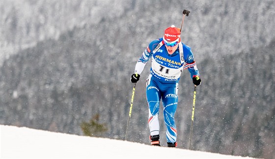 eský biatlonista Michal Krmá na trati sprintu v Ruhpoldingu.