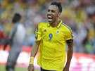 Pierre-Emerick Aubameyang z Gabonu slaví gól na mistrovství Afriky.