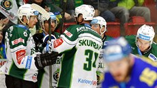 Hokejisté Karlových Varů se radují ze vstřelené branky v zápase 39. kola...