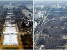 Srovnávací fotografie, která pohnvala tým Donalda Trumpa. Vpravo inaugurace...