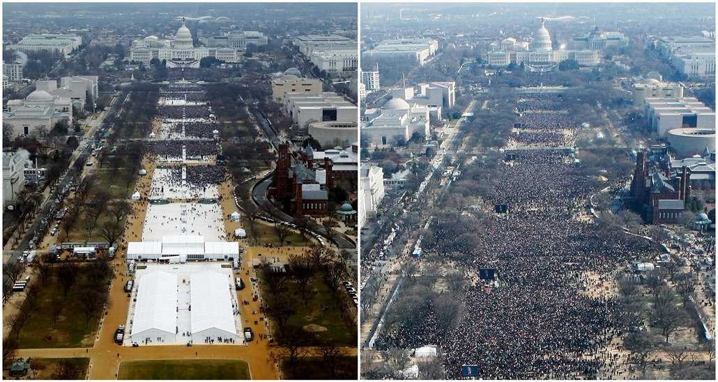 Srovnávací fotografie, která pohn�vala tým Donalda Trumpa. Vpravo inaugurace...
