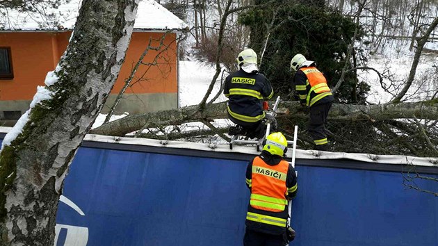 Pobl Adamova havaroval kamion, kter sjel ze silnice a zaklnil se mezi ze a strom. idi utrpl lehk zrann, z proraench ndr uniklo piblin 400 litr nafty.