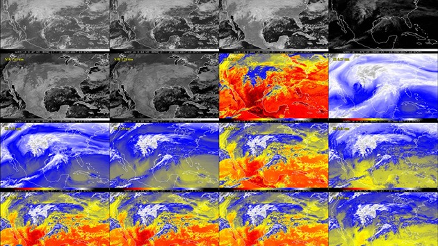 USA z pohledu družice GOES 16. Na 16 snímcích je 16 spektrálních kanálů - dva snímky ve vidtelné části spektra, 10 snímků v infračervené části spektra, 4 v téměř IR části. Díky nim meteorologové mohou rozeznat mlhu, vodní páry, kouř, led, popel, prach, atd.