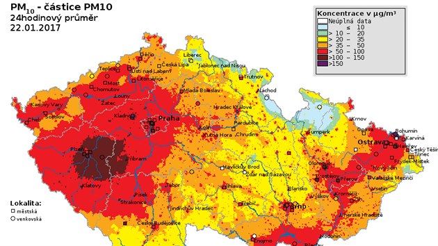Informativní a neverifikovaná mapa znečištění ovzduší z dat automatizovaných monitorovacích stanic (22. ledna 2017)