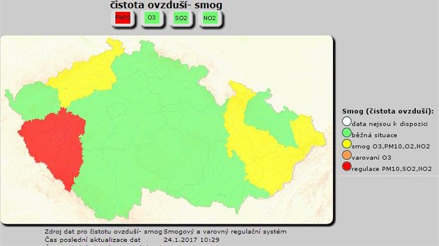 Čistota ovzduší v ČR v úterý 24. ledna 2017 v 10:29 hodin