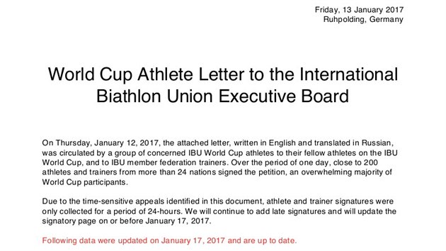 Petice biatlonistů, kterou předali 13. ledna Mezinárodní biatlonové unii a v níž požadují tvrdší postihy za doping i ráznější přístup IBU k boji proti dopingu.