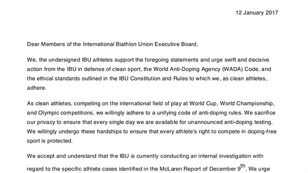 Petice biatlonistů, kterou předali 13. ledna Mezinárodní biatlonové unii a v níž požadují tvrdší postihy za doping i ráznější přístup IBU k boji proti dopingu.