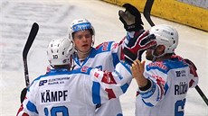 Chomutovští hokejisté se radují z gólu.