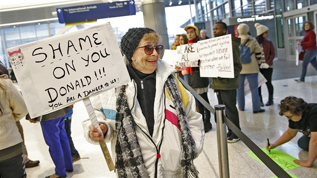 Deanna Culleyov pi protestech na letiti v Indianapolis (29. ledna 2017)