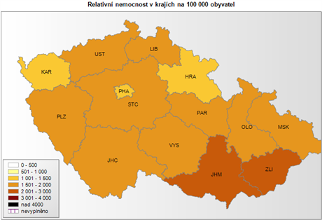 Relativn nemocnost v krajch na 100 000 obyvatel (3. nora 2017).