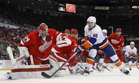 Brank Detroitu Petr Mrzek el snaze Nikolaje Kuljomina z New York Islanders.