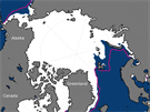 Rozsah moského ledu v arktických oblastech pro leden 2017. Vyznaená linie...