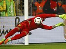 Branká Roman Bürki z Dortmundu se snaí zlikvidovat penaltu Allaguie z Herthy...