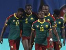 Kamerunský reprezentant Michael Ngadeu Ngadjui (íslo 5) pijímá gratulace od...