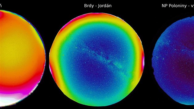 Non obloha a svteln zneitn - snmky non oblohy peveden do umlch barev pomoc specilnho softwaru ukazuj, jak je hvzdn nebe pokozen svtelnm zneitnm. Zleva doprava pedmst Plzn, vrch Jordn v Brdech a Nrodn park Poloniny na vchodnm Slovensku - jedno z nejtmavch mst v Evrop. Snmek nonho nebe v Praze byl tak svtl, e se neveel na barevnou stupnici. Svtl ps thnouc se pes fotografie z Brd a Slovenska je Mln drha.