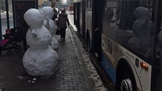 Dvojici snhulák na zastávce Vozovna v Sokolovské ulici v Ostrav-Porub...