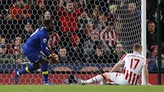 Romelu Lukaku (vlevo) z Evertonu se me radovat, obránce Stoke Ryan Shawcross...