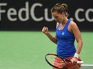 Barbora Strýcová a její radost v utkání Fed Cupu proti Lae Arruabarrenaové.