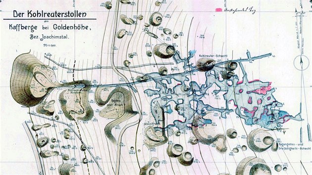 Mapa štoly Kohlreuter na Zlatém Kopci u Božího Daru (asi 1921).
