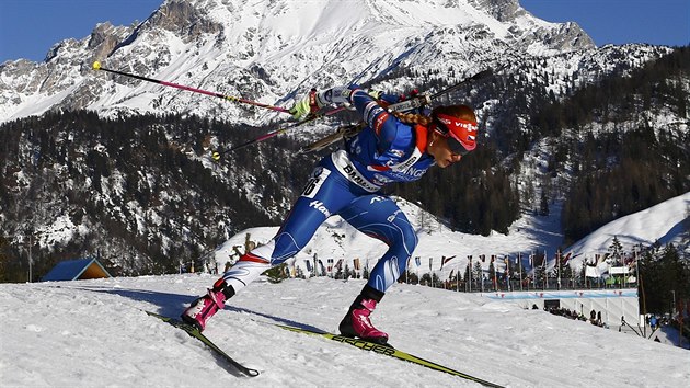 esk biatlonistka Gabriela Koukalov na trati sprintu na MS v Hochfilzenu, v nm vybojovala zlatou medaili.