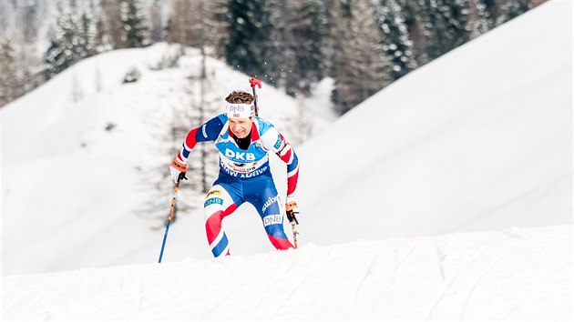 Norský biatlonista Ole Einar Björndalen na trati štafety na mistrovství světa v Hochfilzenu