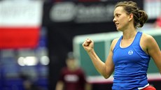 ZAŤATÁ PĚST. Barbora Strýcová v utkání Fed Cupu proti Laře Arruabarrenové