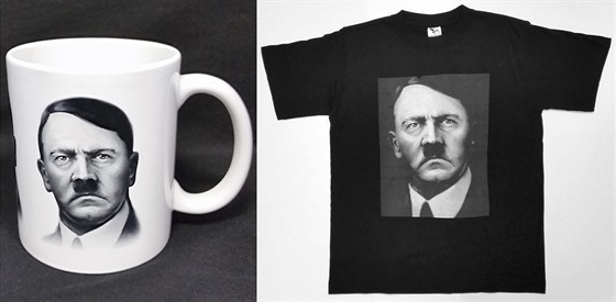 Hrnek a triko s portrétem nacistického vůdce Adolfa Hitlera v nabídce e-shopu...