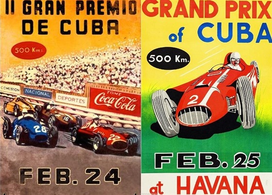 Poutací plakát na Velké ceny Kuby v letech 1957 (vlevo) a 1958