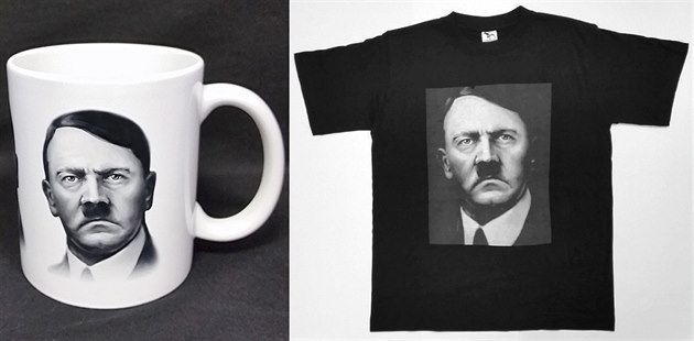 Hrnek a triko s portrétem nacistického vdce Adolfa Hitlera v nabídce e-shopu...