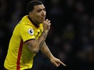 PSSST. Troy Deeney z Watfordu oslavuje prom�n�nou penaltu v utkání s West Hamem.