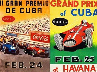 Poutací plakát na Velké ceny Kuby v letech 1957 (vlevo) a 1958