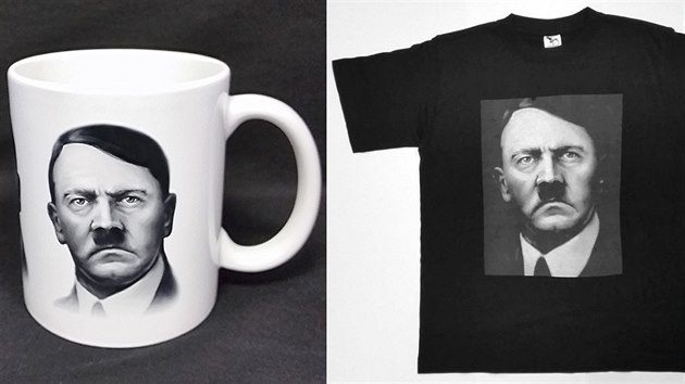 Hrnek a triko s portrétem nacistického vůdce Adolfa Hitlera v nabídce e-shopu vydavatelství Naše vojsko.