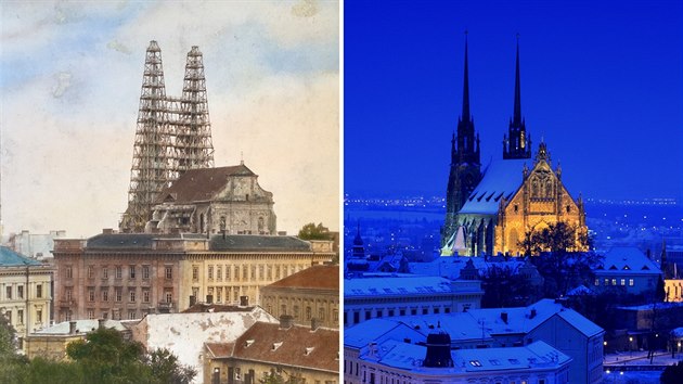 Brněnská katedrála sv. Petra a Pavla kdysi a dnes. Patrná je výrazná přestavba sakrální stavby z barokní na novogotickou.