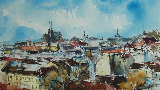 Akvarelov malba zobrazujc brnnsk panorama od Stanislava Sedlka.