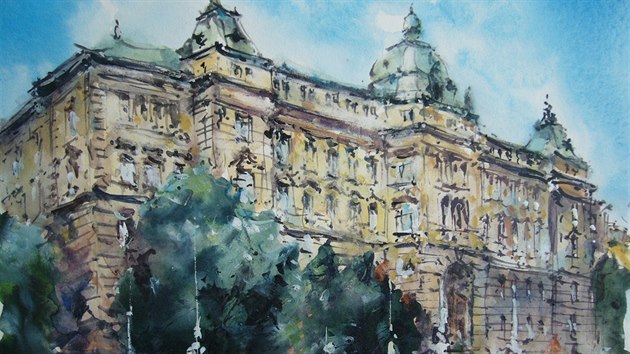 Akvarelov malba budovy brnnskho krajskho soudu od Stanislava Sedlka.