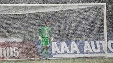Zasn�ený hradecký branká� Radim Ottmar.