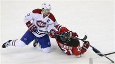 Max Pacioretty z Montrealu (vlevo) a Kyle Palmieri z New Jersey v ostrém...