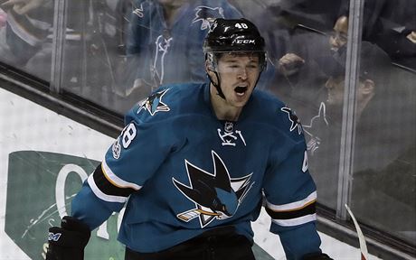 Tom Hertl slav svou trefu za San Jose.