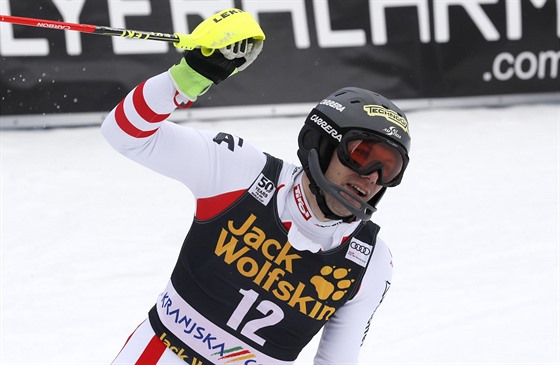 Rakuan Michael Matt se raduje v cíli slalomu SP v Kranjské Goe.