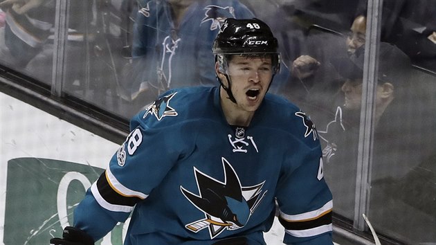 Tom Hertl slav svou trefu za San Jose.