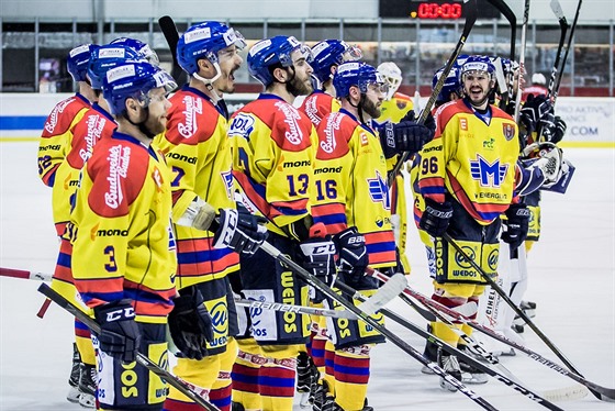 eskobudjovití hokejisté se radují z výhry v semifinále 1. ligy na Slavii.