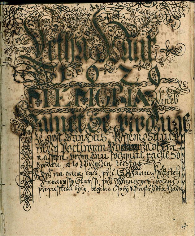 Text cechu soukenického z Tebíe z roku 1629, kde byl do íslice 6 a písmene O...