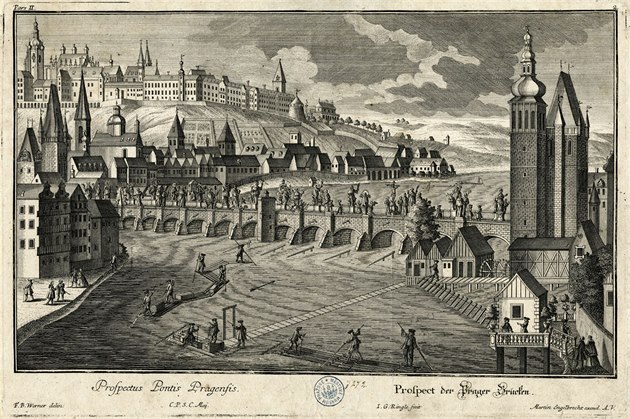Friedrich Bernhard Werner Pohled na Karlv most od jihu, mdiryt, kolem 1740